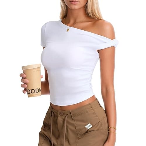 Curvphilo Women Summer Off Shoulder Tops Y2K Going Out T Shirts Double Lined Crop Top Fashion Clothes Trendy Outfits