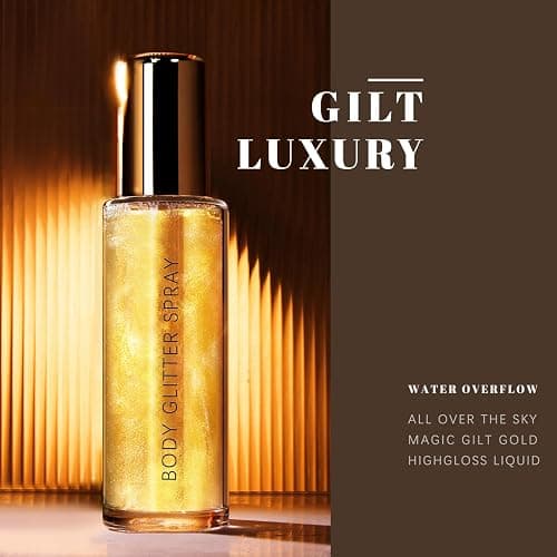 HOSAILY Body Glitter Spray, Moisturizing Bronze Body Shimmer Luminizer Glow Illuminator Quick-Drying and Non-Sticky Liquid Highlighter Spray for Face Hair Glitter, 60ML -Gold thumbnail 7