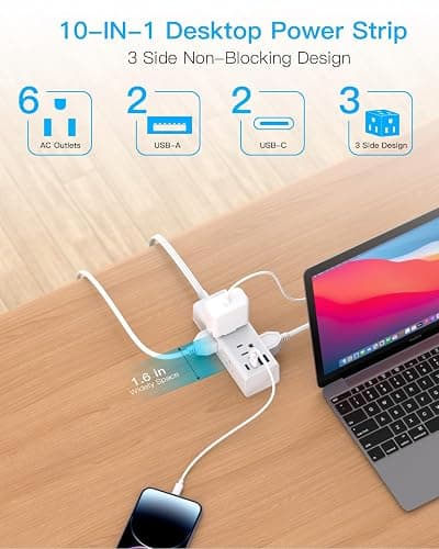 One Beat 10Ft Extension Cord with Multiple Outlets,Flat Plug Power Strip Surge Protector with 10 Ft Long Cord,6 Outlet 4 USB Ports (2USB C),Multi Outlet Wall Plug for Travel,College,Dorm Essentials thumbnail 3