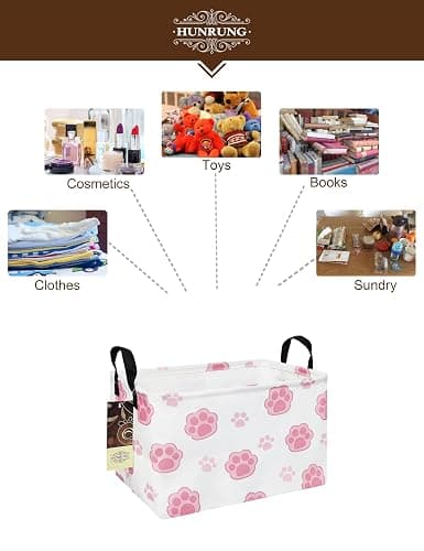 HUNRUNG Rectangle Canvas Storage Basket Foldable Waterproof Toy Organizer Bin with Handles Fabric Collapsible Storage Bins for Shelves Kids Room Playroom Nursery Clothes and Pet Supplies(REC-Pink Paw) thumbnail 4