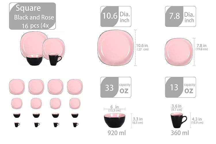 HomeVss, Stoneware Square 16pc Dinnerware Set, Inside Shiny Rose + Outside Matte Black thumbnail 2