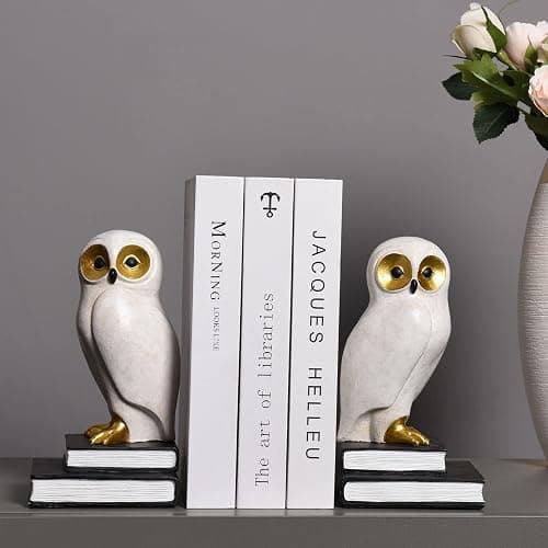 Kakizzy Book Ends for Shelves, Owl Decorative Bookends Bronze Bird Book Stopper Unique Kids Book Holders with Anti-Slip Base Luxurious Bookends for Kids Rooms Office Home Decor(White) thumbnail 4