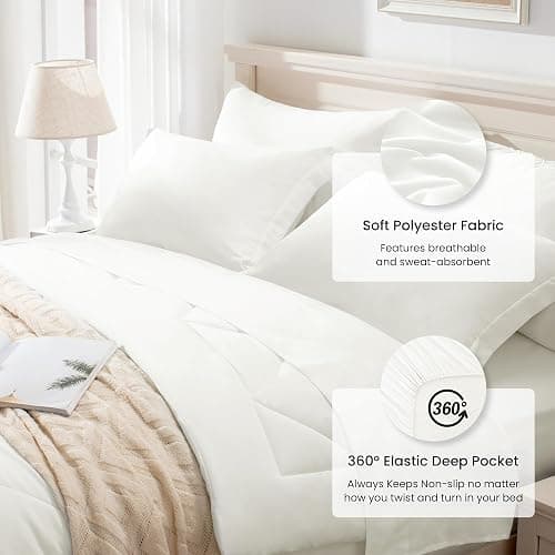 Love's cabin Full Comforter Set Ivory, 7 Pieces Full Bed in a Bag, All Season Bedding Sets with 1 Comforter, 1 Flat Sheet, 1 Fitted Sheet, 2 Pillowcase and 2 Pillow Sham thumbnail 5