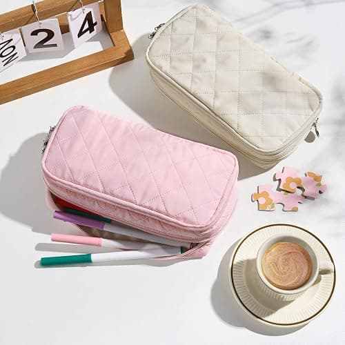 Sooez Large Pencil Case Pouch,Extra Big Pencil Bag with 8 Compartments,Pen Bag Wide Opening,Soft Quilted Pencil Pouch Organizer with Zipper,Portable Pencil Case for Teen Girls,Beige thumbnail 2