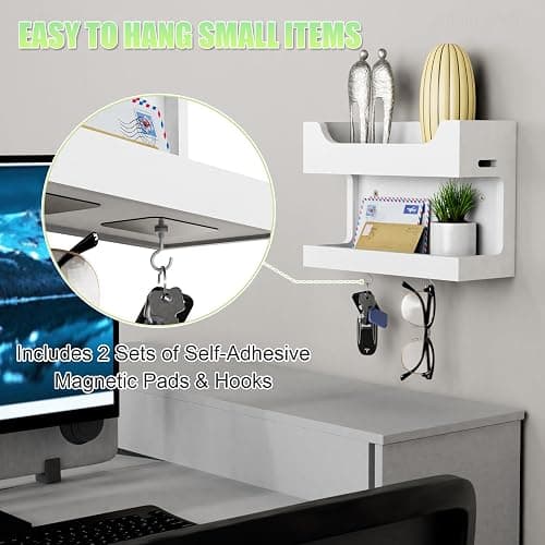 NiHome Wall Mounted Wooden Bedside Accessories Organizer, Double Tray Bedside Wall Storage Shelf Rack with Magnetic Hooks, Bedroom Dorm Wall Caddy Holder for Phone Glasses Alarm Clock Remote (White) thumbnail 4