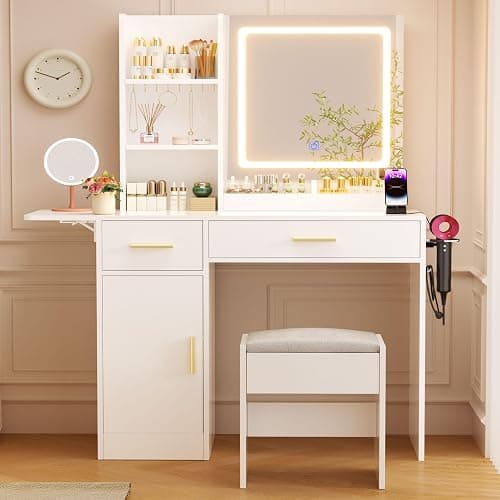ERLEJIA Vanity Desk with Mirror and Lights & Extral Foldable Desk, 31.5" & 39.3" Makeup Vanity Table with 4 Drawers and 3 Open Shelves, Dressing Table for Bedroom, White - Image 1