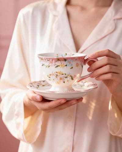 Moqidadii Exquisite Bone China Tea Cups and Saucer Set – Elegant Porcelain Tea Cups, Beautifully Detailed for Tea Lovers, Gift-Ready for Christmas, Hostess, Holiday Gift & Fall Decor thumbnail 2