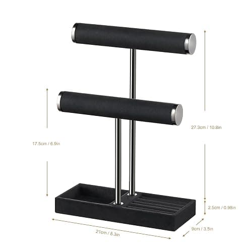 Josmimic Schmuck Organizer mit 2 Ebenen - Schwarz Schmuckständer Armbänder, Abnehmbarer T-Steg Schmuck Ständer, Samt-Armbandhalter, Schmuckhalter für Armband, Halskette, Uhren, Ringe thumbnail 3