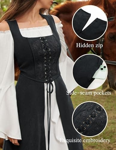 Scarlet Darkness Renaissnace Faire Costume Dress for Women Pirate Overdress | Pockets, Front lace-up, Underbust cut, for Peasant Gothic Witch Medieval Party thumbnail 2