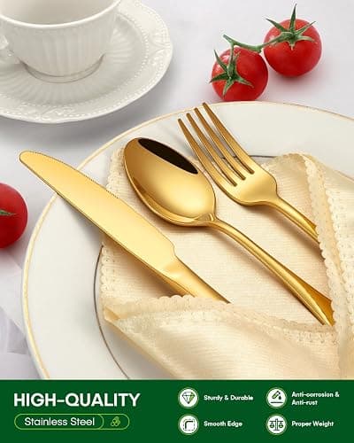 PHILIPALA 40 Piece Gold Silverware Set, Stainless Steel Flatware Set for 8 Food Grade Cutlery Utensil Set Include Knife Fork Spoon Mirror Polished Dishwasher Safe thumbnail 4