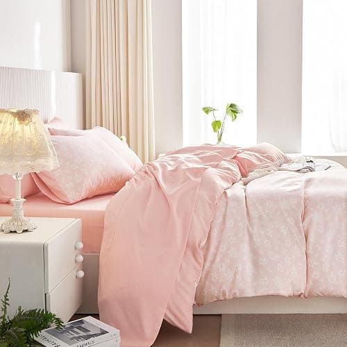 Wake In Cloud - Coquette Duvet Cover Set, Floral Cottagecore Flower Shabby Chic Cute Aesthetic, Soft Lightweight Bedding for Women Teen Girls, 3-Piece, Light Pink, Queen Size thumbnail 4