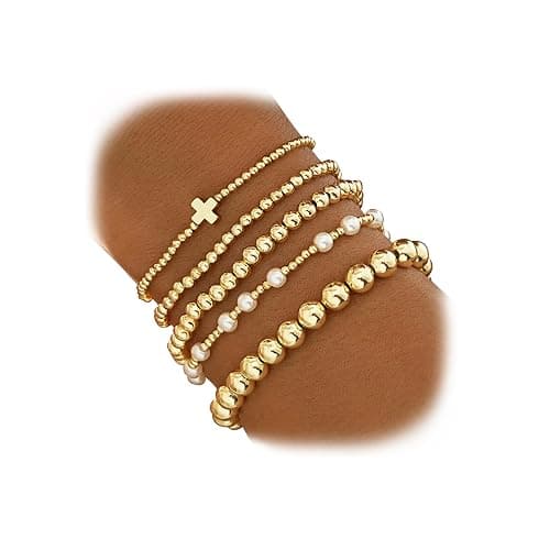 Gold Beaded Bracelets for Women, 14K Real Gold Plated Jewelry for Women Dainty Pearl Bead Bracelets Stack, Non Tarnish Trendy Stackable Ball Cross Stretch Bracelet Set Fashion Accessories Gifts - Image 1
