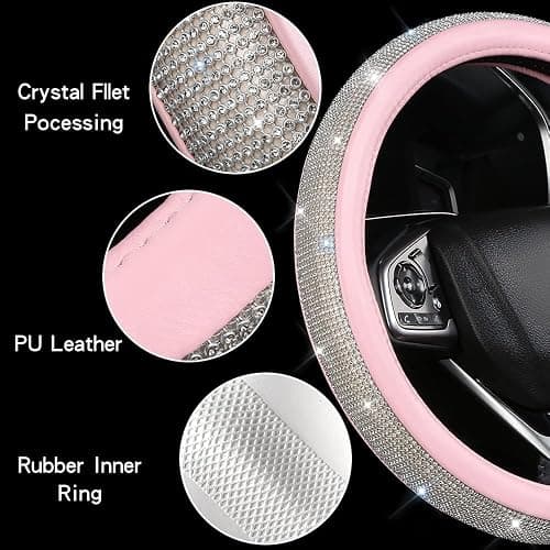 Bling Rhinestone Steering Wheel Cover, Pink Leather Anti-Slip Breathable, Universal Fit 14.5-15 Inch for Women thumbnail 7