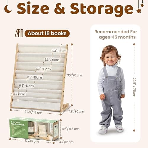 COSYLAND Fabric Kids Bookshelf 6 Tiers,Wooden Sling Book Rack with Deep Shelves for Playroom Nursery Bedroom,Front Facing Nursery Bookcase for Kids (Natural, 63 Cm Wide) thumbnail 2