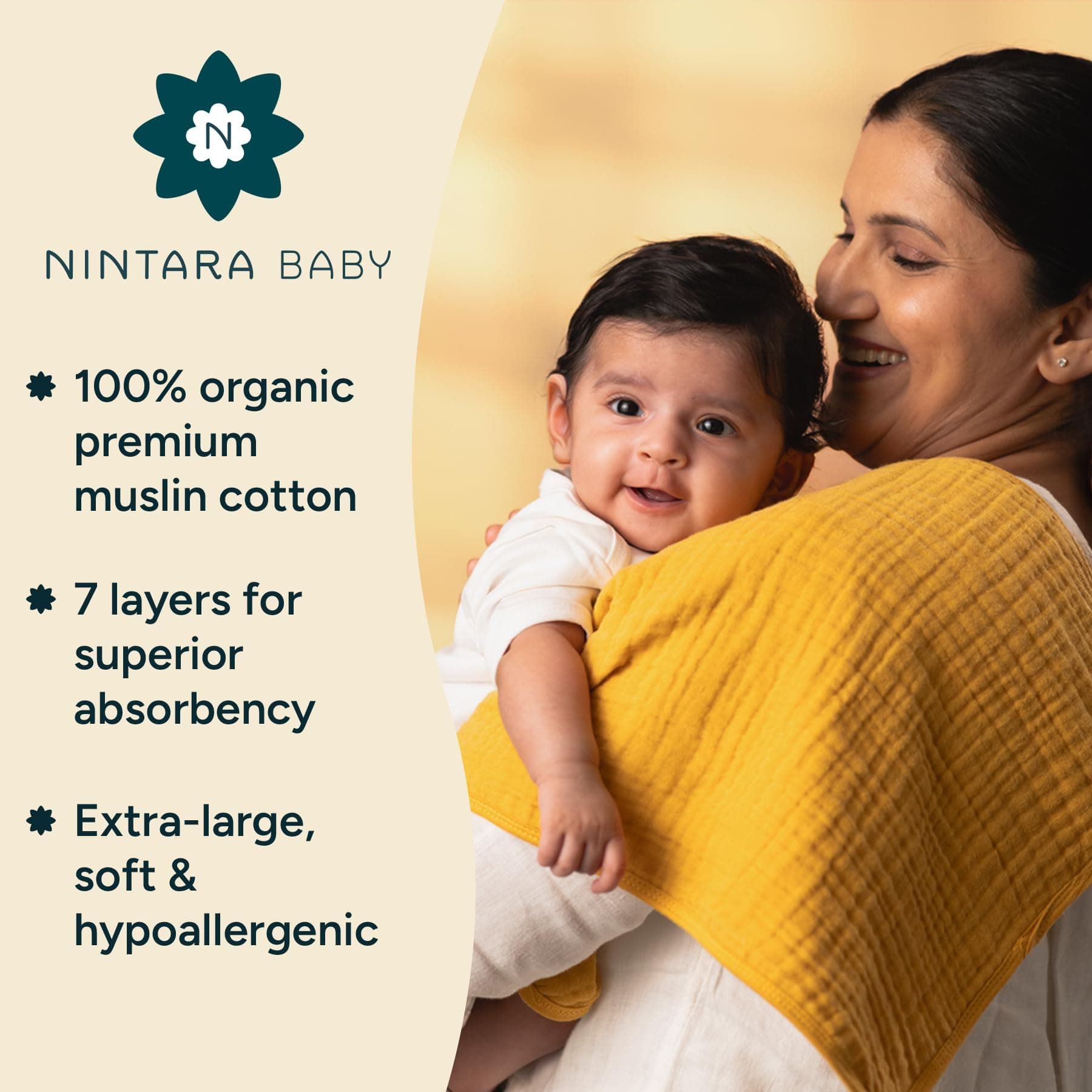 NINTARABABY Burp Cloths – 100% Organic Muslin Cotton, 7-Layer Absorbent & Waterproof, Extra-Large (55×30 cm), Soft & Hypoallergenic, Multipurpose Baby Essentials & Gift for Newborns, Pack of 6 thumbnail 2