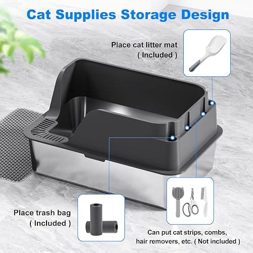 Stainless Steel Cat Litter Box with Lid, XL for Big Cats, High Sided | Metal Litter Pan, Anti Leakage, Odor-Free & Easy Cleaning, Included Scoop &Trash Bag*2 & Mat & Sticker, Grey thumbnail 7