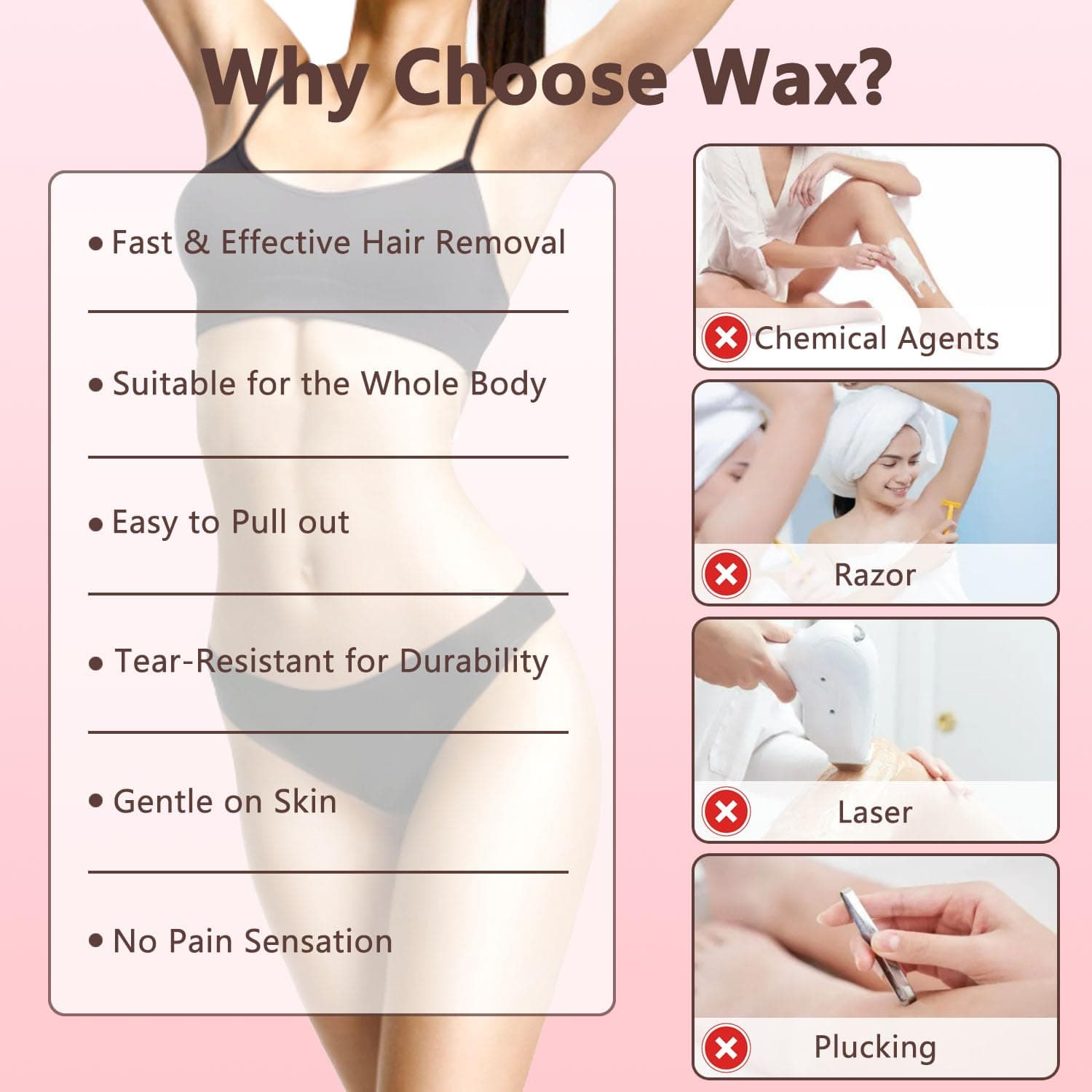 Roll on Wax Kit, Roller Wax Kit for Coarse/Fine Hair Removal for Women, Quick and Skin-Friendly Beginners Waxing Roller with 3 Pcs 100g Roll Cartridge, 100 Non-Woven Strips & 10 After Wipes (F8_Pink) thumbnail 7