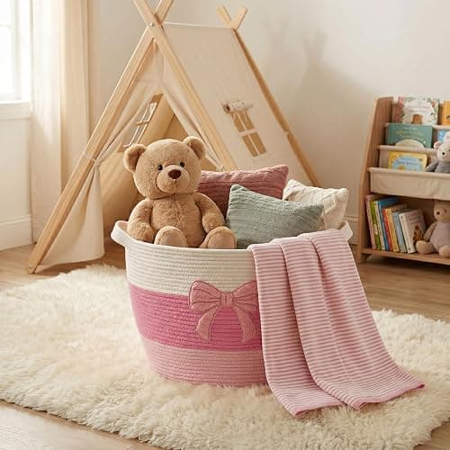 Laundry Basket Hamper for Clothes Blanket Stuffed Animal Storage Kids Pink | Blanket Storage Clothes Hamper Bow Woven Basket with Handles 55L for Girl Cute Aesthetic Room Laundry Nursery Decor Aesthetic thumbnail 8