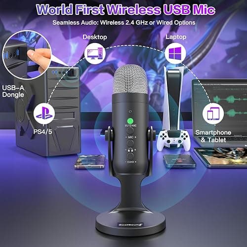 ZealSound Wireless Microphone,USB Mic for iPhone PC iPad Android Phone-Cordless Condenser Desktop Microphones with Mute Echo Monitor Volume Gain 2.4GHz for Podcast,ASMR,Gaming,YouTube Video/K66 Black thumbnail 2