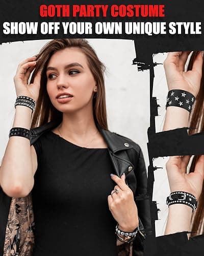 Hicarer 9 Pcs Spiked Studded Bracelet Black Leather Rivet Punk Bracelet Y2k Cuff Wrap Bangle Snap Button Wristband Men Women thumbnail 2
