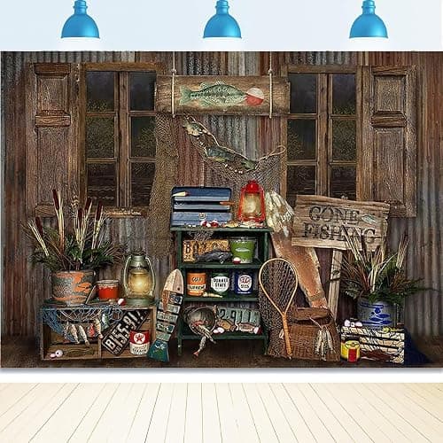 Rustic Wood Gone Fishing Photography Backdrop Fisherman Fishing Gear Background Fish Theme Party Birthday Party Decoration Child Portrait Photo Studio Props (7X5FT) thumbnail 9