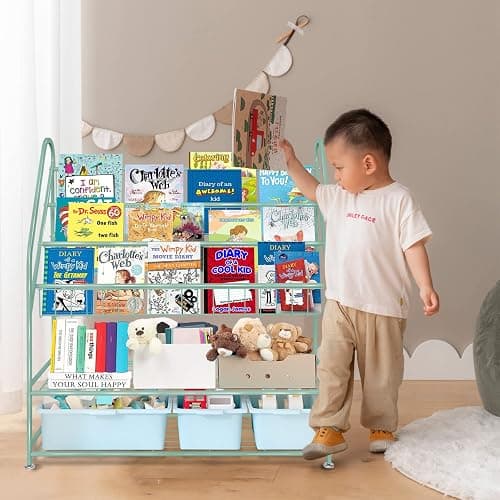 aboxoo Metal Kids Bookshelf Green Freestanding for Children Room 32 in Toy Organizer Book Unit Storage Large Green Stable Bookcase Bookstore Living Room Bed Room Library thumbnail 6