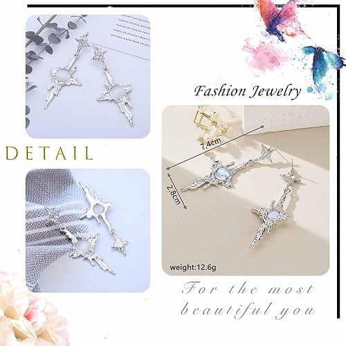Wendalern Boho Stern Kreuz Ohrringe Mondstein Schmetterling Quaste Baumeln Ohrringe Silber Northstar Ohrstecker Unregelmäßig Lava Kreuz Aussage Ohrschmuck Y2k Schmuck Für Frauen thumbnail 5