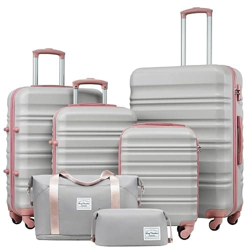 LONG VACATION 6 Piece Luggage Set Carry on Suitcase with ABS+PC hardshell, Spinner Wheels & YKK Zipper TSA Lock (GREY-PINK, 6 piece set) - Image 1