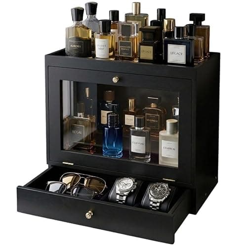 Vellabliss Cologne Organizer for Men, Large Capacity Solid Wood Perfume Organizer with Dustproof Acrylic Door and Drawer Storage, Display Cologne Stand for Dresser, Ideal Gift for Men - Image 1