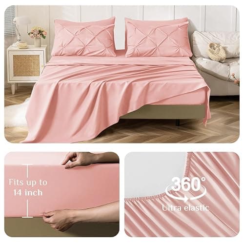 JOLLYVOGUE Queen Comforter Set 7 Pieces - Bed in a Bag Queen for All Season, Pintuck Bedding Comforter Sets with Comforter, Flat Sheet, Fitted Sheet and Pillowcases & Shams, Pink thumbnail 4