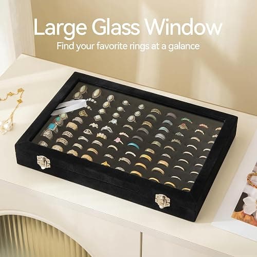 Frebeauty Ring Organizer Tray 100 Slots Ring Holder with Clear Lid Velvet Storage Box Jewelry Tray for Jewelry Store Earring Display Case for Jewelry Show Studs Box for Women(Black) thumbnail 4
