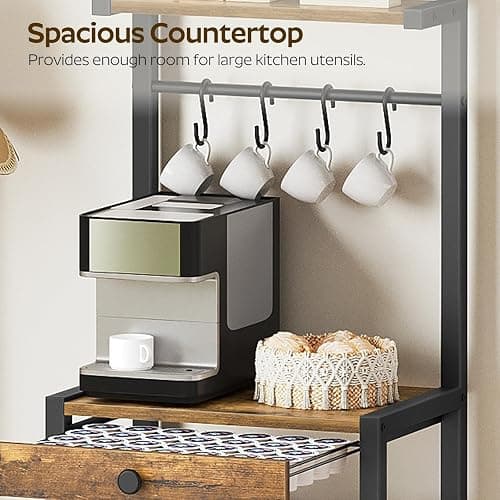YATINEY Bakers Rack, 5-Tier Coffee Bar Station, Coffee Stand with Pod Drawer Holder, Versatile Kitchen Storage Rack with 4 Hooks, for Living Room, Cafe Corner, Rustic Brown and Black KF01BRY1 thumbnail 8