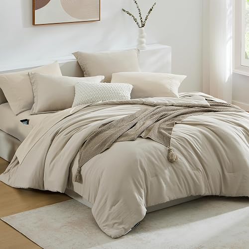 WRENSONGE Oversized Queen Comforter Set - 7 Pieces Light Oatmeal Bed in a Bag Queen with Sheets, 2 Pillow Shams, and 2 Pillowcases- Warm Bedding Sets Queen for All Season thumbnail 4