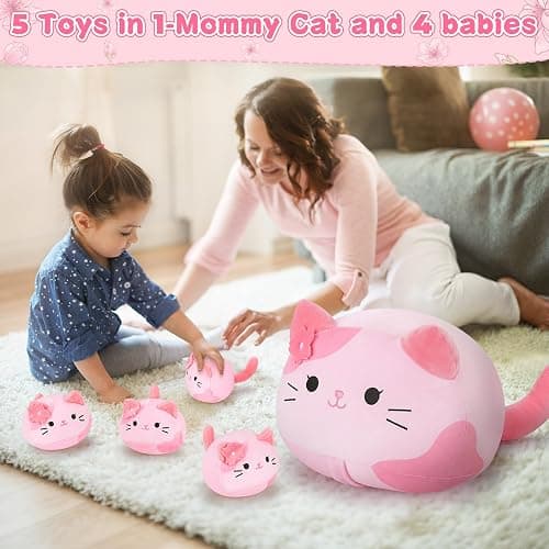 5 PCS Pink Sakura Cat Plush Stuffed Animal Family-19" Soft Pink Sakura Cat Plush, Large Mommy Plushies with 4 Baby Kittens Plushies, Kawaii Plush Toy Christmas Birthday Gifts for Kids Boys Girls thumbnail 4
