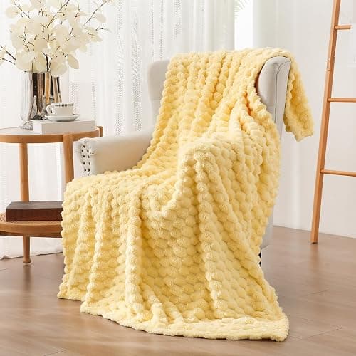 Vessia Flannel Fleece Throw Blanket, 3D Jacquard Light Yellow Fuzzy and Warm Blanket for Couch, Sofa, Bed, 300GSM Super Soft Touch Cozy Home Decor for All Seasons (50x70 inches) thumbnail 2
