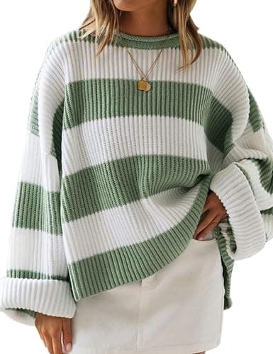 ZESICA Women's 2025 Fall Long Sleeve Oversized Striped Color Block Comfy Loose Crew Neck Knitted Pullover Sweater - Green - Small