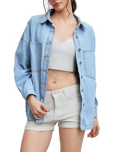 Women Denim Jacket Shacket Long Sleeve Oversize Boyfriend Jean Jacket Shirt thumbnail 2