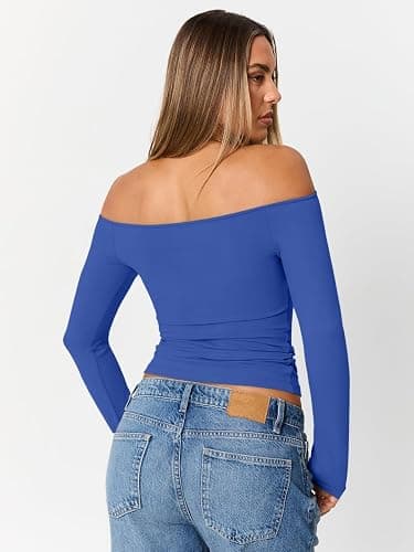 Trendy Queen Womens Long Sleeve Off The Shoulder Tops Going Out Cute Basic Y2K Fall Fashion 2025 Outfits Clothes thumbnail 5