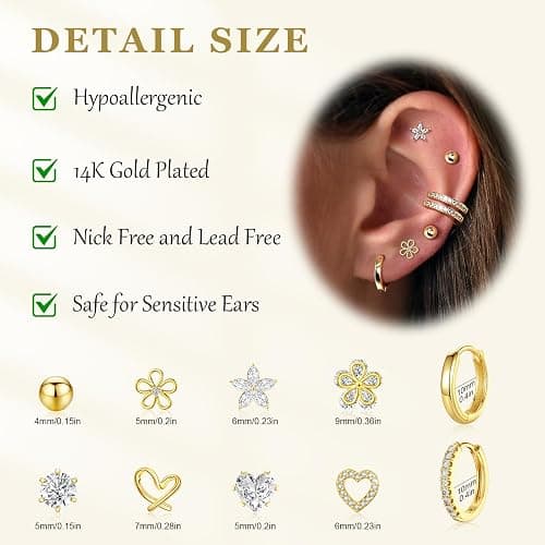 Small Gold Stud Earrings Set for Women - 14K Gold Plated CZ Huggie Hoops Hypoallergenic Earrings Dainty Flower Heart Stud Earrings for Jewelry Gift thumbnail 5