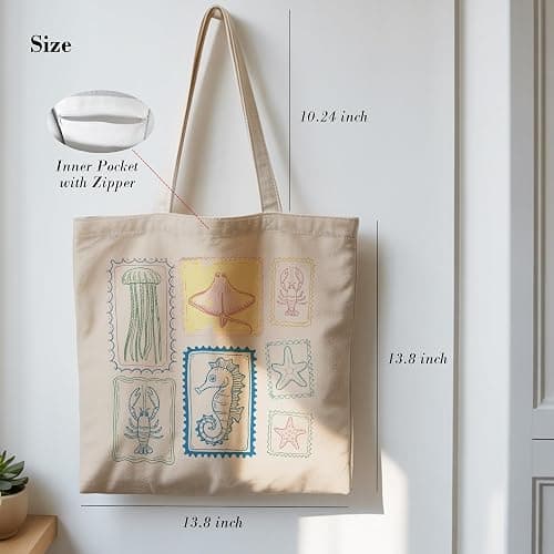 TOTEUSVIA Aesthetic Canvas Tote Bag, Cute Reusable Bags for Women with Inner Pocket thumbnail 5