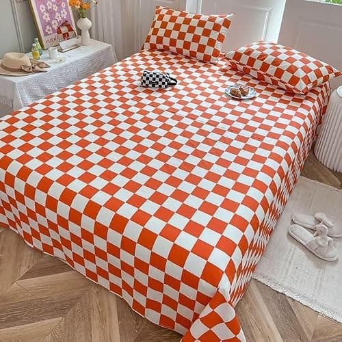 KAREVER Orange Grid Bed Sheet Set Orange White Checkered 4 Pieces Bedding Sheet Set 1 Fitted Sheet 1 Flat Sheet with 2 Pillowcases Orange Plaid Sheet Queen Size thumbnail 2