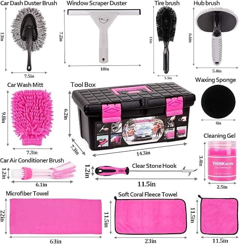 THINKWORK Pink Car Detailing Cleaning Kit, Car Wash Kit, Car Accessories for Women Suitable for Small and Medium Vehicles Such As Cars, Trucks, Suvs(17pcs) - Pink thumbnail 2