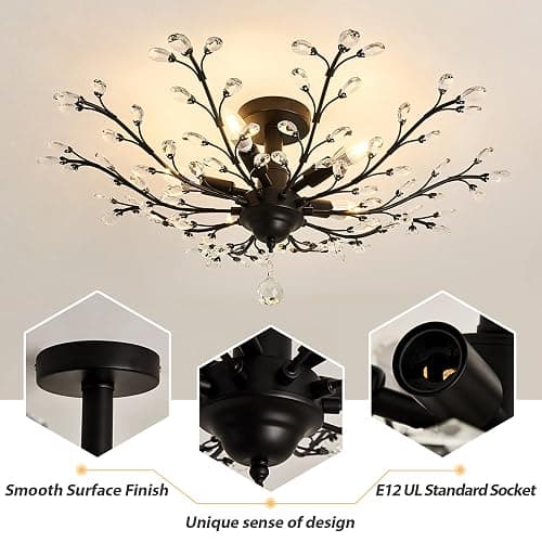 CVKASH 5 - Light Vintage Small Crystal Chandelier Modern Semi Flush Mount Ceiling Light Fixture Chandelier Lighting for Kitchen Bedroom Living Room Dining Room Hallway Foyer（Black） thumbnail 8