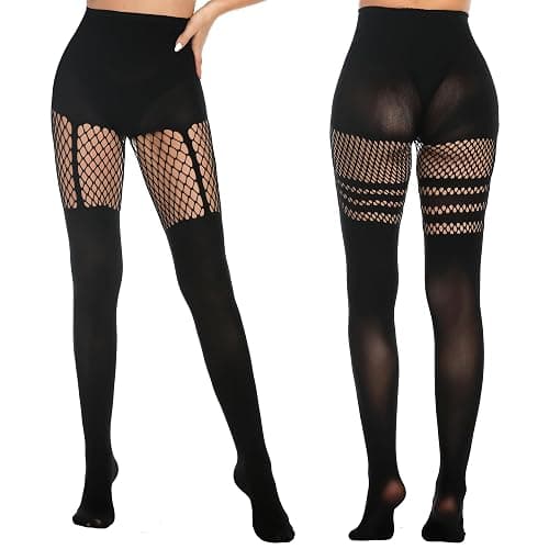 MANZI Womens Faux Thigh High Fishnet Stockings Stitching Opaque Pantyhose Mock Over the Knee Goth Striped Suspender Tights thumbnail 9
