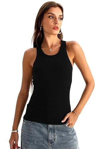 Danysu Racerback Tank Tops with Built in Bra for Women High Neck Ribbed Basics Fitted Long Bra Tanks thumbnail 2
