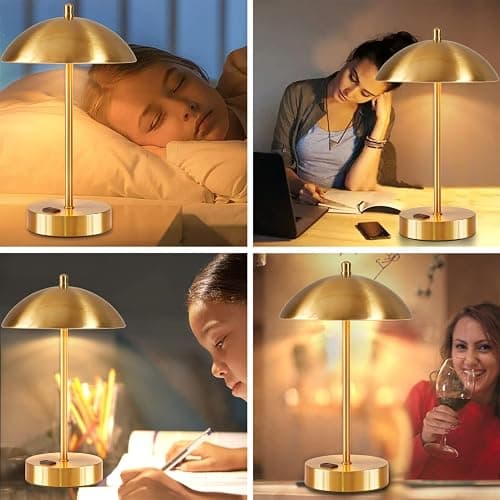 Modern LED Desk Lamp with AC Adapter,12" 3-Way Dimmable Touch Bedside Reading Lamp, Minimalist Gold Small Nightstand Table Lamp with Mushroom Dome Shade for Bedroom Living Room Office, Bulb Included thumbnail 6