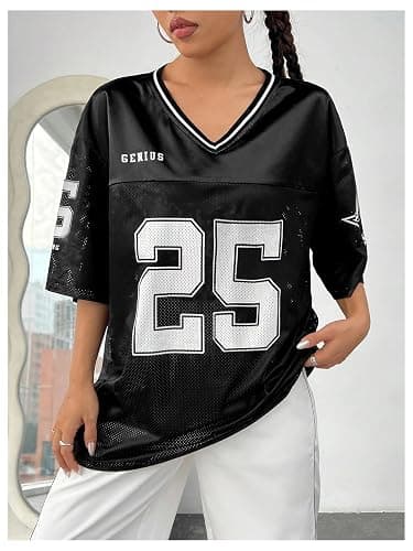 Verdusa Jersey Shirts for Women Y2K Graphic Tees Oversized Streetwear T Shirt V Neck Football Jersey thumbnail 5