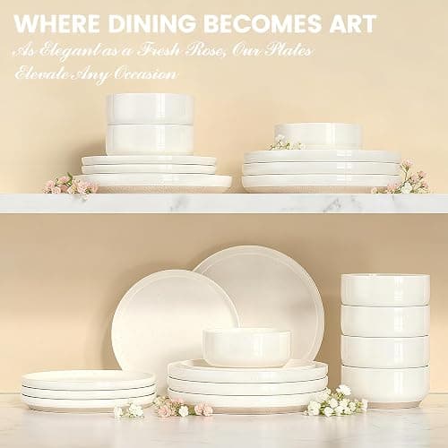 Plates and Bowls Sets, Scratch Resistant Dinnerware Sets for 8, 24 Pieces Porcelain Ceramic Dishware Dishes Set, Modern Stoneware Kitchen Dinner Set, Microwave and Dishwasher Safe, Cream White thumbnail 9