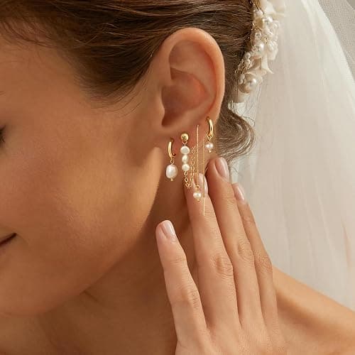 Pearl Earring Stacks for Women – Dainty 14K Gold Plated Hypoallergenic Hoop & Dangle Earrings Set thumbnail 2