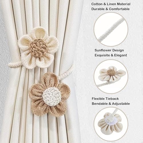 SRG Curtain Tiebacks for Curtains 2 Pack, Decorative Curtain Holdbacks for Drapes, Handmade Tie Backs No Drilling for Home Bedroom Window Decor – Sunflower Cream Khaki thumbnail 3